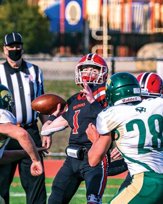 ORR Football
The Old Rochester Regional High School football team opened its season in a 42-15 defeat against Dighton-Rehoboth on March 27 in New Bedford. Above, Stephen Arne picks up a first down for the Bulldogs. Top right, Hayden Rinta (20) powers his way through the gap. Right, the Bulldogs take the play from Ryon Thomas (1). Bottom right, ORR's Jayven Pina Francis brings down D-R's Jaren Ramos. Below, Ryon Thomas throws deep down the sideline. Photos by Ryan Feeney
