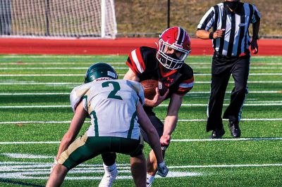 ORR Football
The Old Rochester Regional High School football team opened its season in a 42-15 defeat against Dighton-Rehoboth on March 27 in New Bedford. Above, Stephen Arne picks up a first down for the Bulldogs. Top right, Hayden Rinta (20) powers his way through the gap. Right, the Bulldogs take the play from Ryon Thomas (1). Bottom right, ORR's Jayven Pina Francis brings down D-R's Jaren Ramos. Below, Ryon Thomas throws deep down the sideline. Photos by Ryan Feeney
