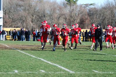 Thanksgiving Football
ORR returns to the field after half time lead by team captains Michael Asci, DJ MacDonald, and Connor Bailey at the Thanksgiving Day game against Apponequet on November 24, 2011. ORR finished their final home game of the season on top 20 to 13. Photo by Paul Lopes
