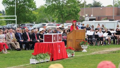 Class of 2019
Old Rochester Regional graduated its class of 2019 on Saturday, June 1, outside on the main athletic field. Seen here, Michaela Mattson addressed her fellow graduates. Mattson received the Departmental Award for Distinction in three areas: Mathematics; Science, Technology, and Engineering; and also in Foreign Language (Spanish). See the list of names for the graduating class on Page 42 and senior awards winners on Page 39. Photos by E.O. Bednarczyk
