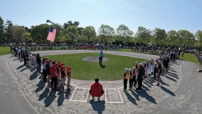 Old Rochester Youth Baseball League
Jim Perry, the Old Rochester Youth Baseball League’s director of field management, throws the ceremonial first pitch to ORYBL president Mike Duarte on Opening Day, May 3, at Gifford Park in Rochester. Over the past five years, Perry has served on ORYBL’s Board of Directors. The Mattapoisett resident whose sons Ethan (now playing Babe Ruth League ball) and Noah (8-and-Under) participate, makes sure all 11 fields over five different sites across the tri-towns are properly maintained. Photo courtesy Jim Perry
