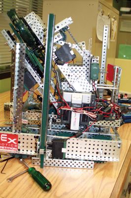 New England VEX Robotics Competition
Above: Old Colony students (left to right) John Barns, Tanner Stafford, Nickolaus Smith, Ben Jensen, Jasper Tan, and Jesse Goodwin (not pictured) entered their robot in the Southern New England VEX Robotics Competition on March 5 and 6 at Quinsigamond Community College in Worcester. Right: the team’s VEX robot. Photos by Marilou Newell
