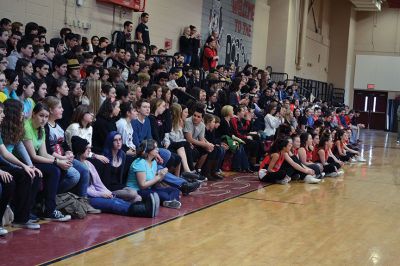 ORR Pep Rally
Principal Michael Devoll gave Old Rochester Regional High School students a “shot in the arm” of school spirit on Friday January 31 – rather overdue for a school with a varsity basketball team currently in first place, a number of losing streaks in sports that have finally come to an end, and an undefeated debate team, among other reasons for students to be proud. Photo by Jean Perry
