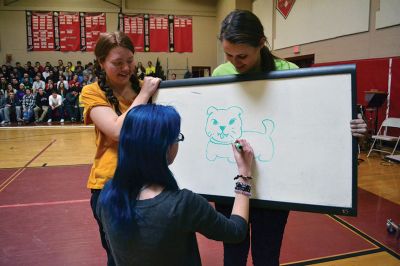 ORR Pep Rally
Principal Michael Devoll gave Old Rochester Regional High School students a “shot in the arm” of school spirit on Friday January 31 – rather overdue for a school with a varsity basketball team currently in first place, a number of losing streaks in sports that have finally come to an end, and an undefeated debate team, among other reasons for students to be proud. Photo by Jean Perry
