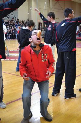 ORR Pep Rally
Principal Michael Devoll gave Old Rochester Regional High School students a “shot in the arm” of school spirit on Friday January 31 – rather overdue for a school with a varsity basketball team currently in first place, a number of losing streaks in sports that have finally come to an end, and an undefeated debate team, among other reasons for students to be proud. Photo by Jean Perry
