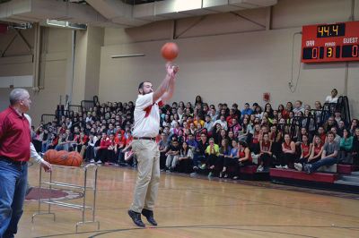 ORR Pep Rally
Principal Michael Devoll gave Old Rochester Regional High School students a “shot in the arm” of school spirit on Friday January 31 – rather overdue for a school with a varsity basketball team currently in first place, a number of losing streaks in sports that have finally come to an end, and an undefeated debate team, among other reasons for students to be proud. Photo by Jean Perry
