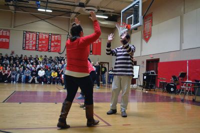 ORR Pep Rally
Principal Michael Devoll gave Old Rochester Regional High School students a “shot in the arm” of school spirit on Friday January 31 – rather overdue for a school with a varsity basketball team currently in first place, a number of losing streaks in sports that have finally come to an end, and an undefeated debate team, among other reasons for students to be proud. Photo by Jean Perry
