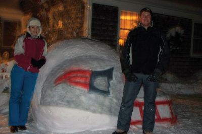 Go Pats!
Joann Price, Jim Price, Steven Price, Jennifer O’Neil, Tommy Morss and Janine Price are all responsible for the creation of the Patriot helmet in front of the Price residence on Acushnet Road in Mattapoisett. It took a lot of planning and building while watching the snow fall on Saturday and Buddy the Black Lab even helped out! They had a great time building it and hope it brings the Patriots a lot of luck! Photos courtesy of Janine Price
