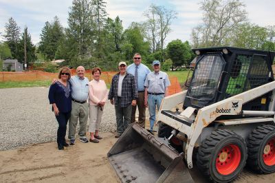 Pavilion
On the left, members of the Cushing Community Center Working Group and Friends of the Marion Council on Aging, including Diane Cosman (vice president FMCOA,) Harry Norweb (Working Group chair) and Merry Conway (president FMCOA) gathered with Select Board members Randy Parker and Norm Hills and Town Administrator Jay McGrail, on the right, along with machine operator Tom Forte on Monday at the Cushing Community Center, where construction of the new, 26x36-foot pavilion is underway. 
