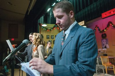 Old Rochester Drama Club 
The Old Rochester Drama Club rings in the holiday season with their radio broadcast production of ‘It’s a Wonderful Life.’ Pictured here is Kyle Costa reading for Joseph, Evan Roznoy reading for Mr. Potter, Ian MacLellan reading for George Bailey, and Holly Frink reading for Mary Hatch. Photos by Felix Perez
