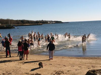 15th annual Christmas Day Swim
With light breezes and near freezing temperatures, Christmas Day 2016 found a hail and hearty group diving into Mattapoisett Harbor from town beach to benefit Helping Hands and Hooves. The 15th annual Christmas Day Swim took place at 11:00 am with many participants saying it was a family tradition they cherish. One hundred percent of the proceeds benefit the nonprofit organization that provides therapeutic horseback riding lessons to adults and children with disabilities. Photos by Marilou Newell
