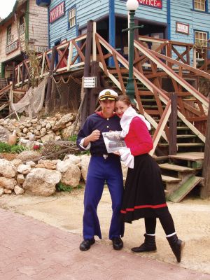 Popeye Village
 Popeye and Olive Oyl pose with a copy of The Wanderer in Sweethaven. The village of Sweethaven was originally built for the production of the movie Popeye  which starred Robin Williams and Shelly Duvall and was released in 1980. The village, located on the island of Malta in the Mediterranean Sea, is open to tourists and offers a variety of activities. February 9, 2012 edition
