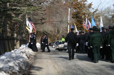 Service for Lt. Paul Silveira
Police officers from throughout the SouthCoast, including Mattapoisett, Marion, Rochester, Acushnet, New Bedford and Dartmouth, marched in procession to Cushing Cemetery for the funeral of Detective Lt. Paul Silveira on Thursday, January 20, 2011. Mr. Silveira, who had served on the Mattapoisett Police Department since 1984, died unexpectedly of a brain aneurysm on January 14, 2011. Photo by Laura.
