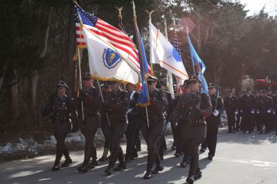 Service for Lt. Paul Silveira
Police officers from throughout the SouthCoast, including Mattapoisett, Marion, Rochester, Acushnet, New Bedford and Dartmouth, marched in procession to Cushing Cemetery for the funeral of Detective Lt. Paul Silveira on Thursday, January 20, 2011. Mr. Silveira, who had served on the Mattapoisett Police Department since 1984, died unexpectedly of a brain aneurysm on January 14, 2011. Photo by Laura.
