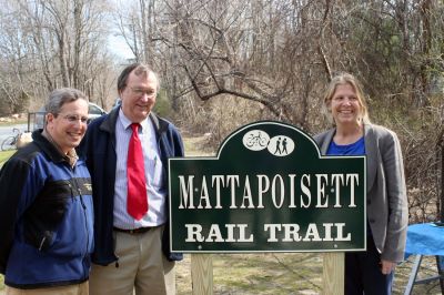 Rail Trail
Bill Straus, State Representative, Steve Kelleher, Chairman of Mattapoisett Rail Trail, and Jordan Collyer, Vice-Chairman of the Mattapoisett Board of Selectman (left to right) cut the ribbon to open the Inauguration of the Mattapoisett Rail Trails Old Colony Mile. Photo by Sarah K. Taylor. 
