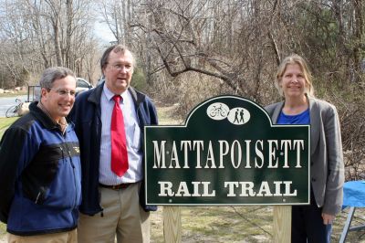 Rail Trail
Bill Straus, State Representative, Steve Kelleher, Chairman of Mattapoisett Rail Trail, and Jordan Collyer, Vice-Chairman of the Mattapoisett Board of Selectman (left to right) cut the ribbon to open the Inauguration of the Mattapoisett Rail Trails Old Colony Mile. Photo by Sarah K. Taylor. 
