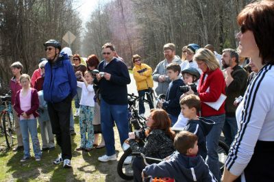 Rail Trail
Bill Straus, State Representative, Steve Kelleher, Chairman of Mattapoisett Rail Trail, and Jordan Collyer, Vice-Chairman of the Mattapoisett Board of Selectman (left to right) cut the ribbon to open the Inauguration of the Mattapoisett Rail Trails Old Colony Mile. Photo by Sarah K. Taylor. 
