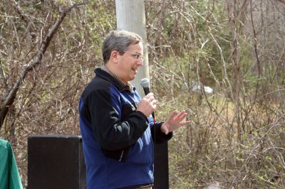 Rail Trail
Bill Straus, State Representative, Steve Kelleher, Chairman of Mattapoisett Rail Trail, and Jordan Collyer, Vice-Chairman of the Mattapoisett Board of Selectman (left to right) cut the ribbon to open the Inauguration of the Mattapoisett Rail Trails Old Colony Mile. Photo by Sarah K. Taylor. 
