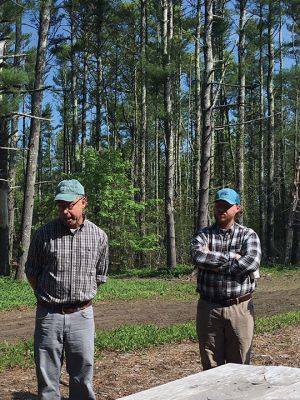 Rochester Land Trust
On May 25, the Rochester Land Trust hosted Foresters Phil Benjamin and Tom Farell who gave a logging walk and talk at the 20-acre Church’s Wildlife Preserve located off Marion Road. Benjamin stressed the importance of removing trees to open the canopy for life-sustaining sunlight. Photos by Marilou Newell
