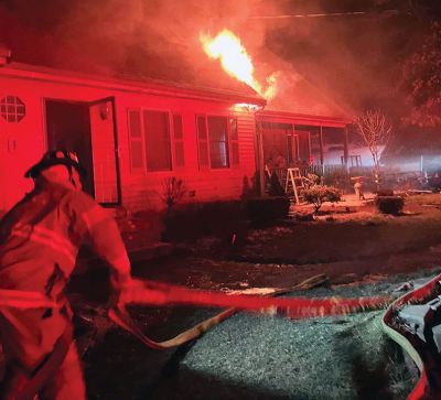 Rochester Fire
A Rochester family and its pets safely escaped without injuries from a house fire on Stuart Road shortly after midnight on February 2. The Rochester Fire Department was assisted by crews from Acushnet, Freetown, Marion and Mattapoisett. Photos courtesy of Rochester Fire Department
