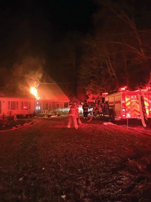 Rochester Fire
A Rochester family and its pets safely escaped without injuries from a house fire on Stuart Road shortly after midnight on February 2. The Rochester Fire Department was assisted by crews from Acushnet, Freetown, Marion and Mattapoisett. Photos courtesy of Rochester Fire Department
