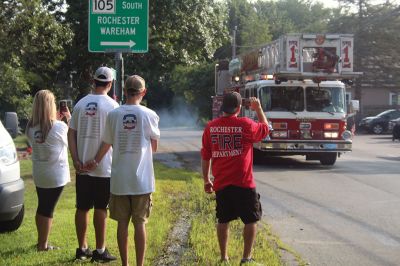 Firefighters Memorial 
Eight firefighters – four from Rochester – followed bagpiper Iain Massie to the Firefighters Memorial the morning of 8/24 to begin the inaugural four-day, 316-mile long Southern New England Brotherhood Ride, organized by Rochester Firefighter Andy Weigel. The ride was to remember 14 who lost their lives in the line of duty this past year. Photos by Jean Perry
