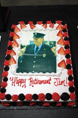 Rochester EMT
After 28 years, Rochester EMT Jim Holden is retiring, and on Tuesday, the Rochester Fire Department honored him with a cookout, a cake and a plaque commemorating his lengthy service to the town. Photos by Mick Colageo
