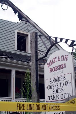 Rochester Bakery
The Rochester Bakery and Cafe, a longtime local hang-out at Plumb Corner, was destroyed in a catastrophic fire on the evening of July 28, 2011. Eyewitnesses described the fire as starting with several explosions at the rear of the building. The blaze displaced two residents and three businesses. In addition to Rochester, Marion, Mattapoisett and Acushnet responded to the fire. Photo by Anne Kakley.
