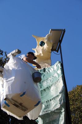 Salty the Sea Horse
Salty the Sea Horse's red underbelly was painted anew last week by Pete Davies (pictured), along with Matt Urquhart and Mike Huguenin, as the Mattapoisett Land Trust opened a season of anticipation of the MLT’s 50th anniversary next April. Photos by Mick Colageo and courtesy Mike Huguenin
