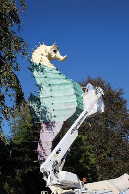 Salty the Sea Horse
Salty the Sea Horse's red underbelly was painted anew last week by Pete Davies (pictured), along with Matt Urquhart and Mike Huguenin, as the Mattapoisett Land Trust opened a season of anticipation of the MLT’s 50th anniversary next April. Photos by Mick Colageo and courtesy Mike Huguenin
