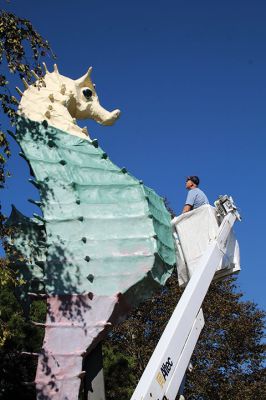 Salty the Sea Horse
Salty the Sea Horse's red underbelly was painted anew last week by Pete Davies (pictured), along with Matt Urquhart and Mike Huguenin, as the Mattapoisett Land Trust opened a season of anticipation of the MLT’s 50th anniversary next April. Photos by Mick Colageo and courtesy Mike Huguenin
