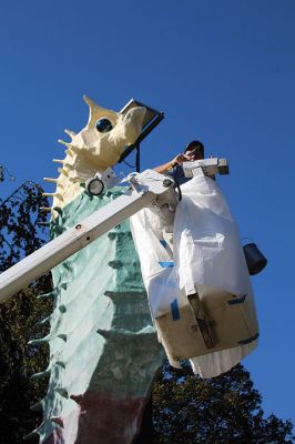 Salty the Sea Horse
Salty the Sea Horse's red underbelly was painted anew last week by Pete Davies (pictured), along with Matt Urquhart and Mike Huguenin, as the Mattapoisett Land Trust opened a season of anticipation of the MLT’s 50th anniversary next April. Photos by Mick Colageo and courtesy Mike Huguenin
