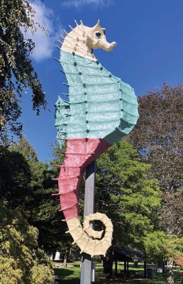 Salty the Sea Horse
Salty the Sea Horse's red underbelly was painted anew last week by Pete Davies (pictured), along with Matt Urquhart and Mike Huguenin, as the Mattapoisett Land Trust opened a season of anticipation of the MLT’s 50th anniversary next April. Photos by Mick Colageo and courtesy Mike Huguenin
