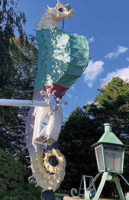 Salty the Sea Horse
Salty the Sea Horse's red underbelly was painted anew last week by Pete Davies (pictured), along with Matt Urquhart and Mike Huguenin, as the Mattapoisett Land Trust opened a season of anticipation of the MLT’s 50th anniversary next April. Photos by Mick Colageo and courtesy Mike Huguenin
