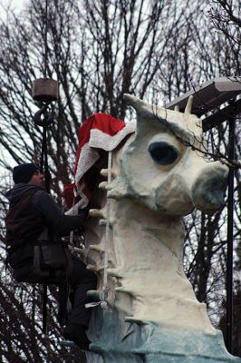 Salty the Santa Seahorse
Salty the Seahorse got his holiday hat on Wednesday, December 7, now making the Mattapoisett town mascot "Salty the Santa Seahorse" for the season. Brownell Systems again assisted the Mattapoisett Land Trust in carrying on the annual holiday tradition that has come to symbolize the official start to Christmas in Mattapoisett. Photos by Jean Perry
