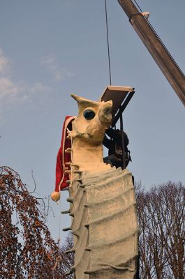 Salty's Hat
Early this past Friday, December 1, as folks were rushing to work and children settling into school, an annual tradition transpired in Mattapoisett at the corner of Route 6 and North Street. With the placement of the Santa hat upon the head of our beloved Salty the Seahorse, the holiday season officially began. As they do every year, the folks at Brownell Systems assisted the Mattapoisett Land Trust in the placement of the hat via a tall crane. Photo by Paul Lopes
