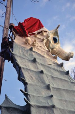 Salty's Hat
Early this past Friday, December 1, as folks were rushing to work and children settling into school, an annual tradition transpired in Mattapoisett at the corner of Route 6 and North Street. With the placement of the Santa hat upon the head of our beloved Salty the Seahorse, the holiday season officially began. As they do every year, the folks at Brownell Systems assisted the Mattapoisett Land Trust in the placement of the hat via a tall crane. Photo by Paul Lopes
