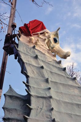 Salty's Hat
Early this past Friday, December 1, as folks were rushing to work and children settling into school, an annual tradition transpired in Mattapoisett at the corner of Route 6 and North Street. With the placement of the Santa hat upon the head of our beloved Salty the Seahorse, the holiday season officially began. As they do every year, the folks at Brownell Systems assisted the Mattapoisett Land Trust in the placement of the hat via a tall crane. Photo by Paul Lopes
