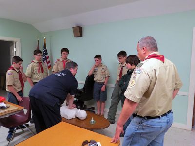 Boy Scouts of Marion, Troop 32
The Boy Scouts of Marion, Troop 32 recently took part in a Cardiovascular Pulmonary Resuscitation (CPR) Class at the Marion Fire Department that was arranged by Star Scout Chris Horton. Firefighters Mike Enright and Kevin Buckley taught a Friends and Family version of CPR class in two hours. The Scouts got hands on experience in what it takes to save a life and the dangers therein.
