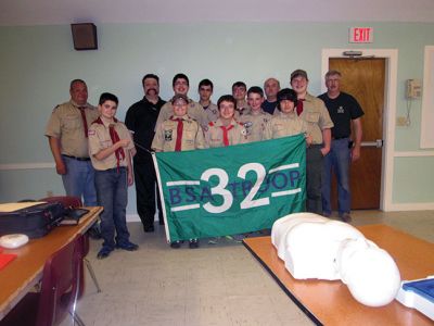 Boy Scouts of Marion, Troop 32
The Boy Scouts of Marion, Troop 32 recently took part in a Cardiovascular Pulmonary Resuscitation (CPR) Class at the Marion Fire Department that was arranged by Star Scout Chris Horton. Firefighters Mike Enright and Kevin Buckley taught a Friends and Family version of CPR class in two hours. The Scouts got hands on experience in what it takes to save a life and the dangers therein.
