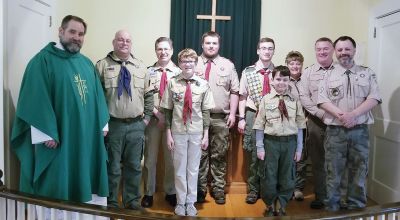 Rochester Boy Scout Troop 31 and Cub Scout Pack 30
Rochester Boy Scout Troop 31 and Cub Scout Pack 30 were invited to celebrate Scout Sunday in a special service performed by Pastor Philip H. Viall, with the assistance of Liturgist and Troop 31 Chaplin, David Andrews, at the Long Plain United Methodist Church in Acushnet this past Sunday. The warm and welcoming worship ceremony included thanking and honoring scouts and leaders for their dedication to community, the posting of the colors presented by local Eagle Scout candidates Jacob Andrews and Colin Macki
