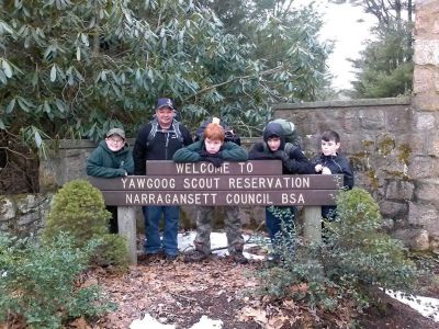 Marion Boy Scouts
The Marion Boy Scouts Troop 32 at Camp Yawgoog for the weekend of March 2-3, 2013. Left to right is Jackson St. Don, Paul St. Don – Scoutmaster , Graham Poirier, Jack Nakashian and Alex Reichert (taking the picture is Robert Reichert – Assistant Scoutmaster). Camp Yawgoog is 1800 acres of woodland located in Rockville, Rhode Island and operated by the Narragansett Council of the Boy Scouts of America. 
