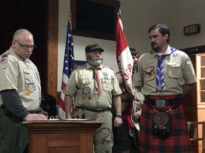 Rochester Boy Scouts Troop 31
Rochester Boy Scouts Troop 31 said a fond farewell to its scoutmaster of nine years, Mike Blanchard. A cake with an uncanny likeness of Blanchard was enjoyed after the ceremony. Nine candles symbolized the nine years Blanchard spent as scoutmaster. Photo by Jean Perry

