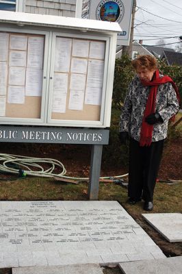 Mattapoisett Historical Commission
The Mattapoisett Historical Commission has sponsored the installation of memorial bricks at Town Hall, commemorating the service and dedication of the town’s selectmen over the decades. Jo Pannell, chairman of the Historical Commission, oversaw the design work and installation with the help of landscape architect Charles Duponte, who donated his time to the project. Photo by Marilou Newell
