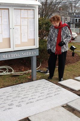 Mattapoisett Historical Commission
The Mattapoisett Historical Commission has sponsored the installation of memorial bricks at Town Hall, commemorating the service and dedication of the town’s selectmen over the decades. Jo Pannell, chairman of the Historical Commission, oversaw the design work and installation with the help of landscape architect Charles Duponte, who donated his time to the project. Photo by Marilou Newell
