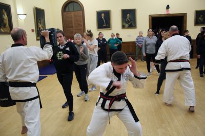 Marion Police Self Defense Class
On November 6 and 8, women ages 15 and up learned basic, self-defense strategies from Marion Police Officer Captain Carl MacDermott III at the Music Hall. Awareness of one’s surroundings was a prime message, and participants practiced moves under assault. The program gave women confidence to protect themselves. “We learned basic self-defense stances and how to protect the face … the second night built on first-session skills,” said Cindy Macallister of Mattapoisett
