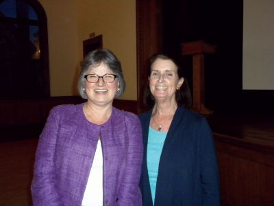 Shackleton’s Way
Author Margot Morrell, left, poses with Mimi Wicker, right, during a reading of her book Shackleton’s Way last Thursday, July 26, at the Marion Music Hall.  Photo by Joan Hartnett-Barry.
