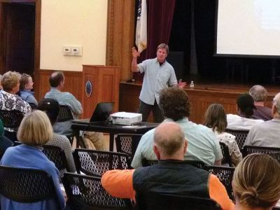 Shark Talk
Dr. Gregory Skomal was guest speaker at the Marion Music Hall on June 1, giving a presentation on his Cape Cod shark research projects. The event has hosted by the Marion Natural History Museum. Photo submission Elizabeth Leidhold
