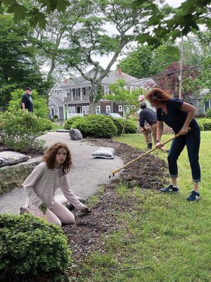 Mattapoisett Congregational Church
Helpers of all ages took to the grounds of the Mattapoisett Congregational Church on Sunday. Members, their families and friends all joined Reverend Dr. Rich Wolf, following his sermon and tackled the improvements outdoors at the church. Photo by Jennifer Shepley
