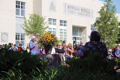 Children’s Memorial Garden
Where for many years stood a tall spruce tree at Sippican Elementary School is now a large stump at the center of a newly dedicated Children’s Memorial Garden honoring the lives of former students Marques Sylvia, Andrew Rego, Alexis Wisner and Cory Jackson. On June 14, Principal Marla Sirois led a celebration of the vision of former Principal Marylou Hobson (1990-2004) and the generosity and effort of Steve Gonsalves, Suzanna Davis, Margie Baldwin and the Pythagorean Lodge. Photos by Mick Colageo
